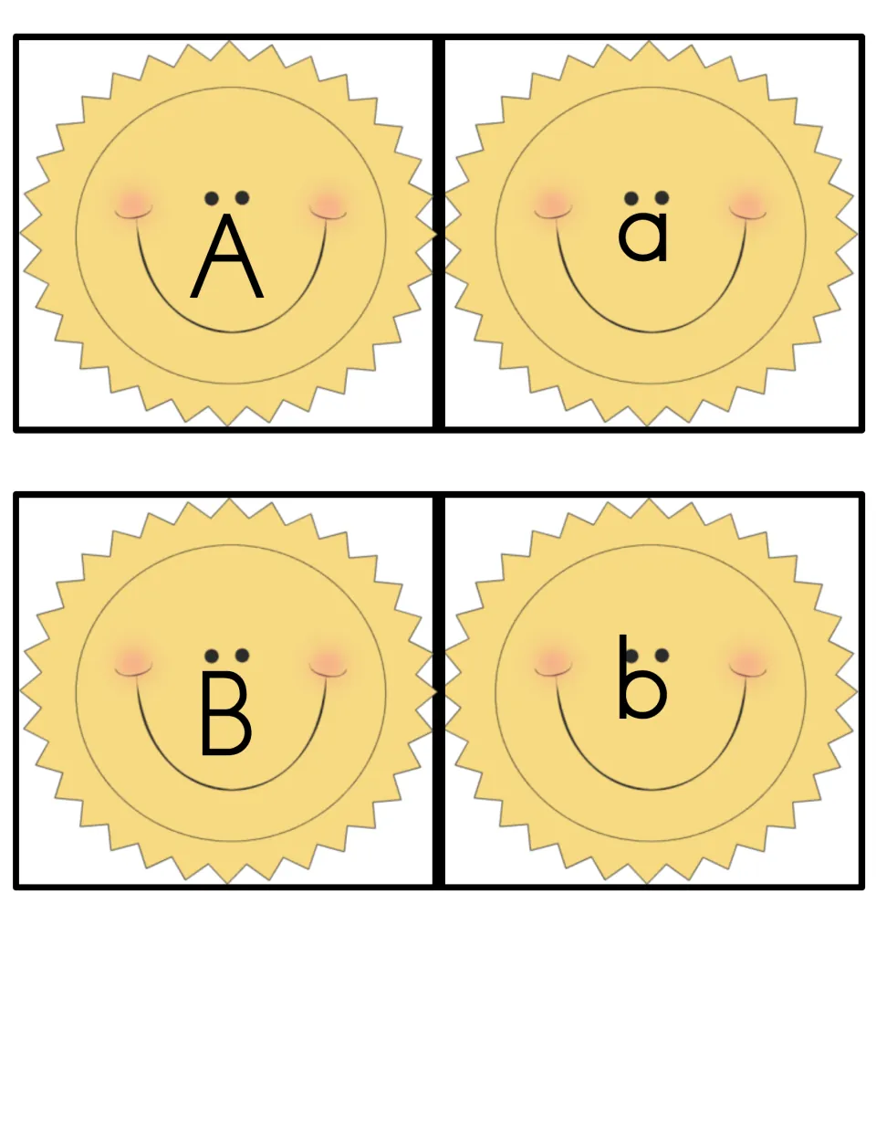 Alphabet game cards for uppercase A, lowercase a, uppercase B, and lowercase b, each on a smiling sun