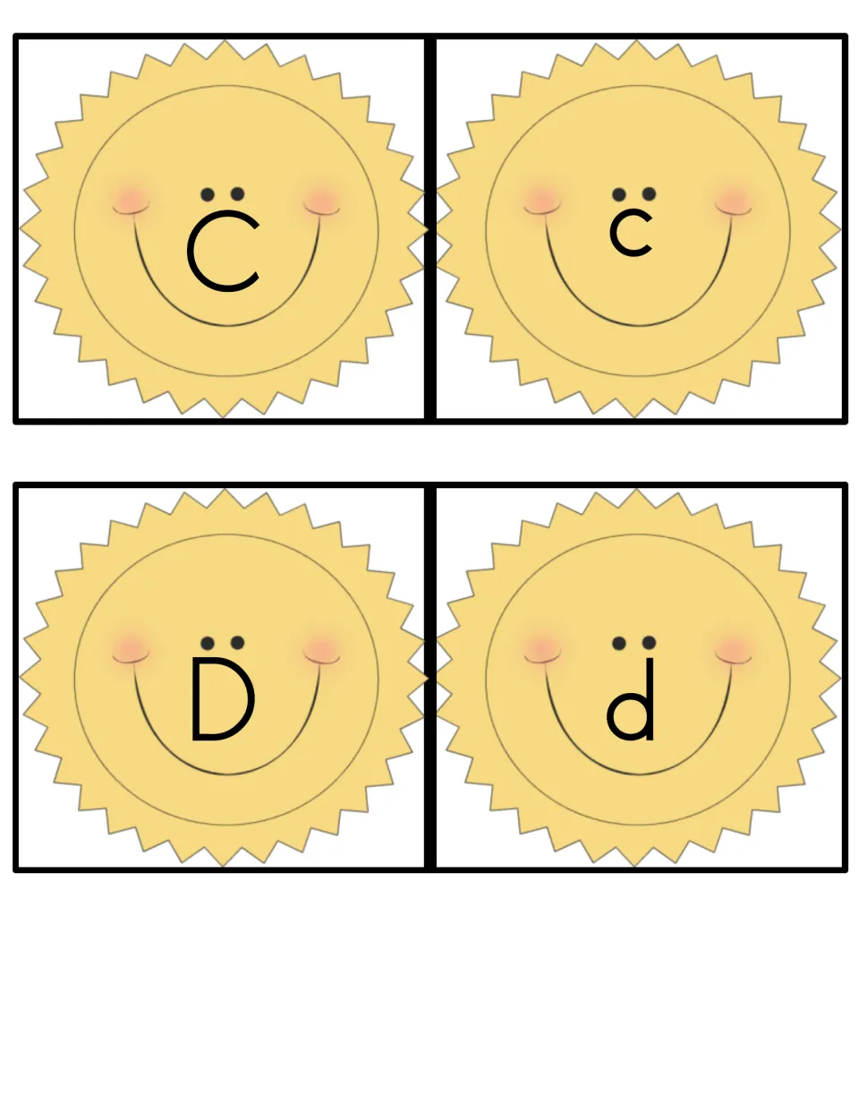 Alphabet game cards for uppercase C, lowercase c, uppercase D, and lowercase d, each on a smiling sun