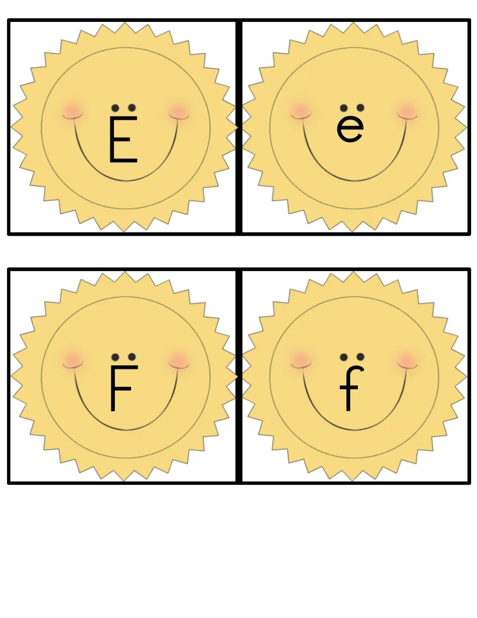Alphabet game cards for uppercase E, lowercase e, uppercase F, and lowercase f, each on a smiling sun