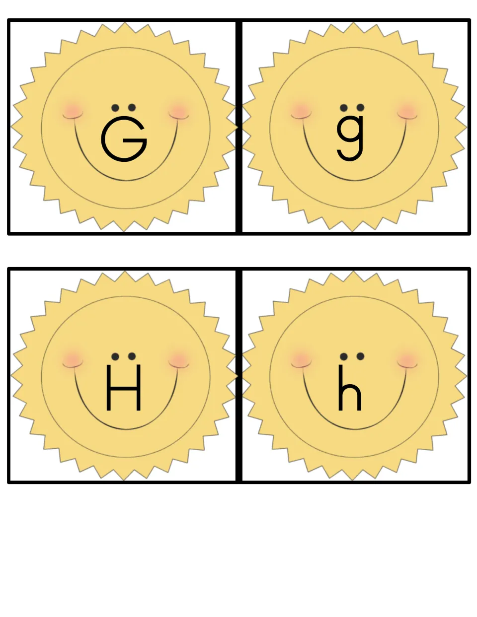 Alphabet game cards for uppercase G, lowercase g, uppercase H, and lowercase h, each on a smiling sun