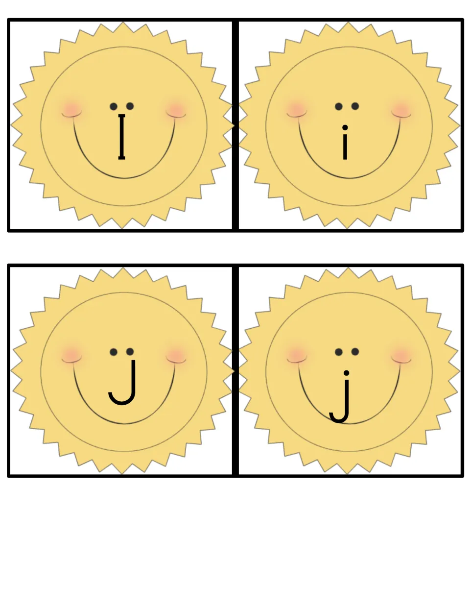 Alphabet game cards for uppercase I, lowercase i, uppercase J, and lowercase j, each on a smiling sun