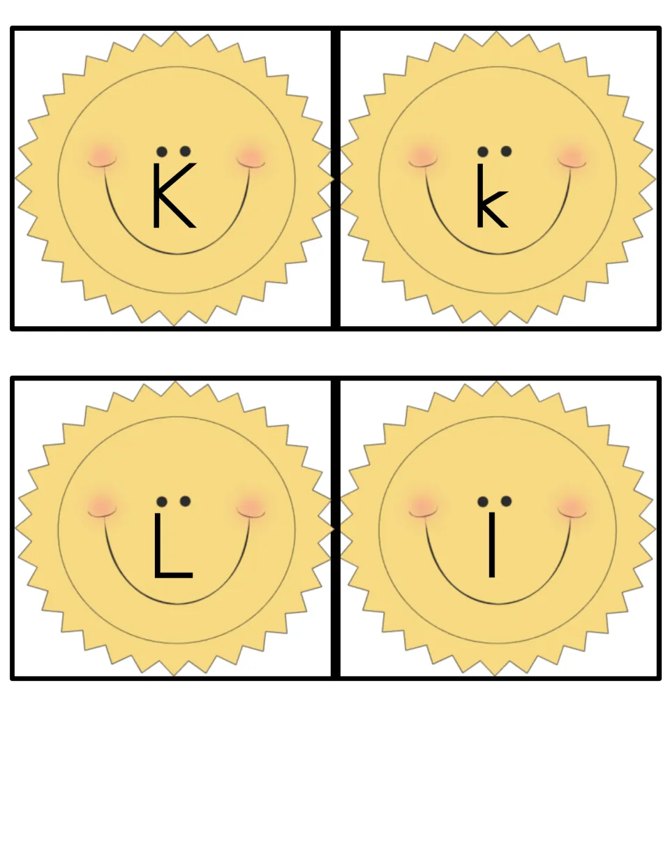 Alphabet game cards for uppercase K, lowercase k, uppercase L, and lowercase l, each on a smiling sun