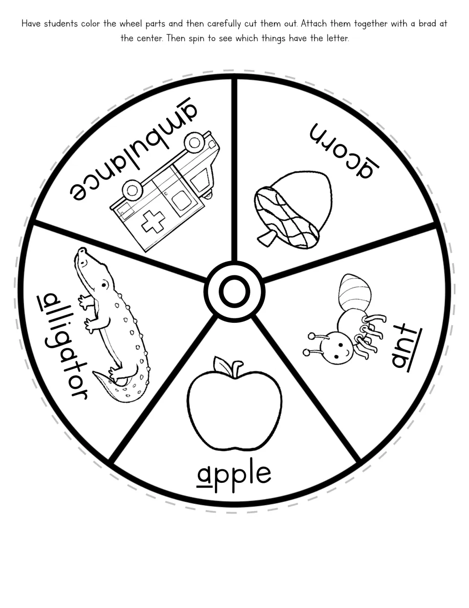 Letter A picture wheel, a cut-out piece: students color ambulance, acorn, ant, apple and alligator for beginning sounds