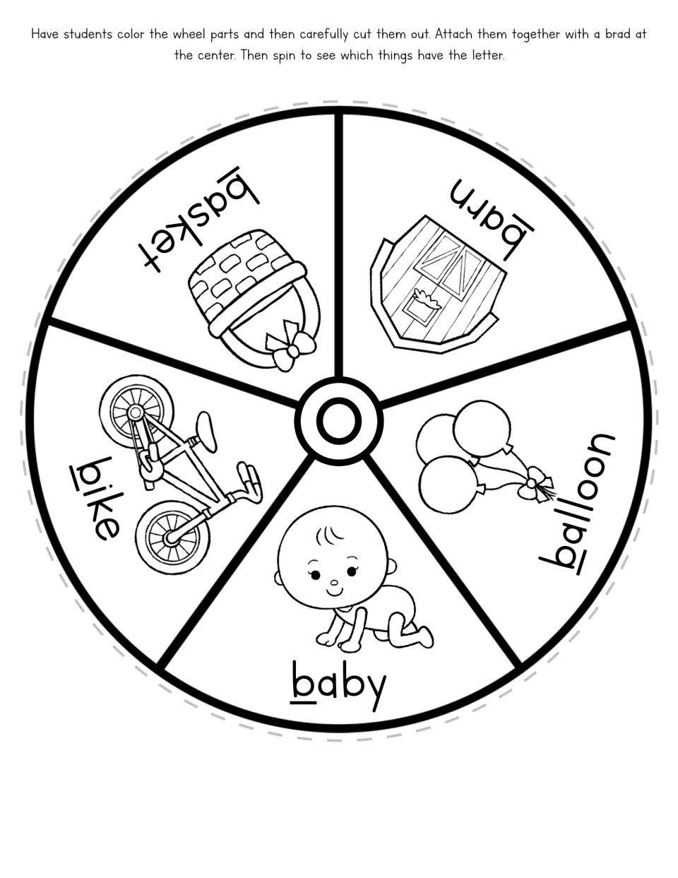 Letter B picture wheel, a cut-out piece: students color basket, barn, balloon, baby and bike, each word starting with b