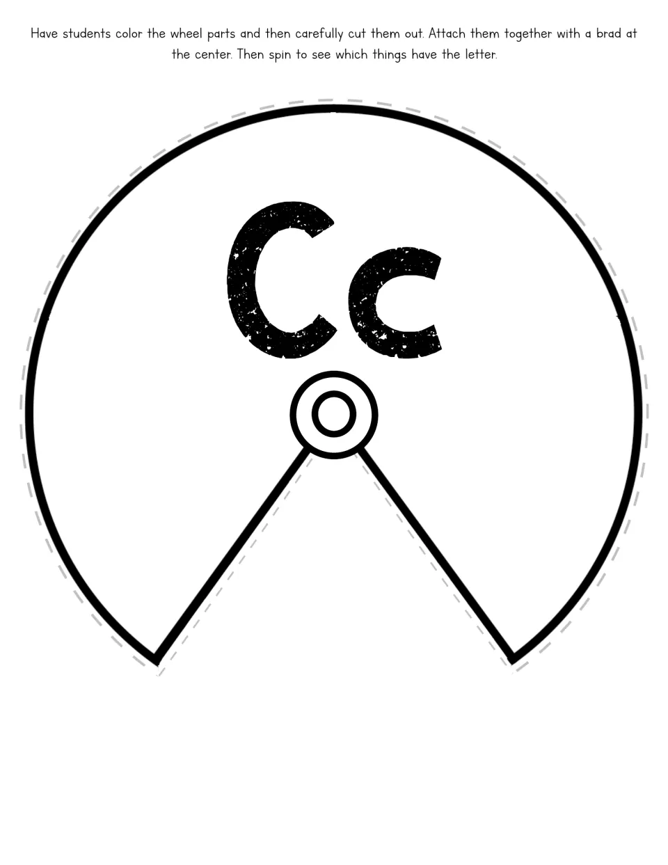 Letter Cc wheel cover, a cut-out piece: students color the Cc top layer, cut out the window and attach it with a brad