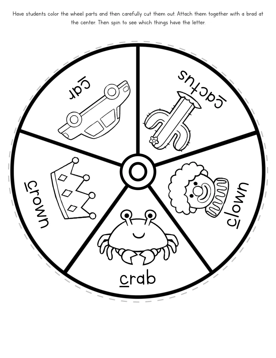 Letter C picture wheel, a cut-out piece: students color car, cactus, clown, crab and crown to hear the beginning c sound