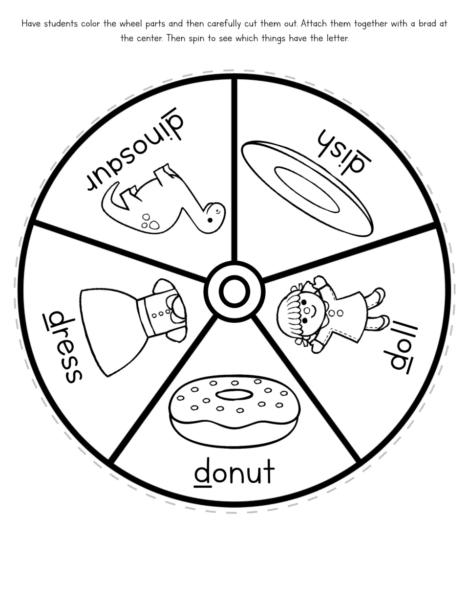 Letter D picture wheel, a cut-out piece: students color dinosaur, dish, doll, donut and dress, words that start with d