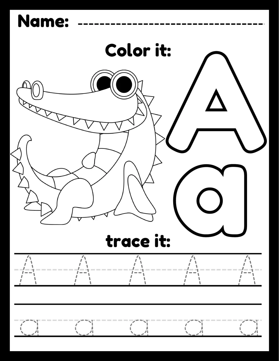 Letter A recognition: students color a cartoon alligator and bubble A and a, then trace five dotted A's and five a's