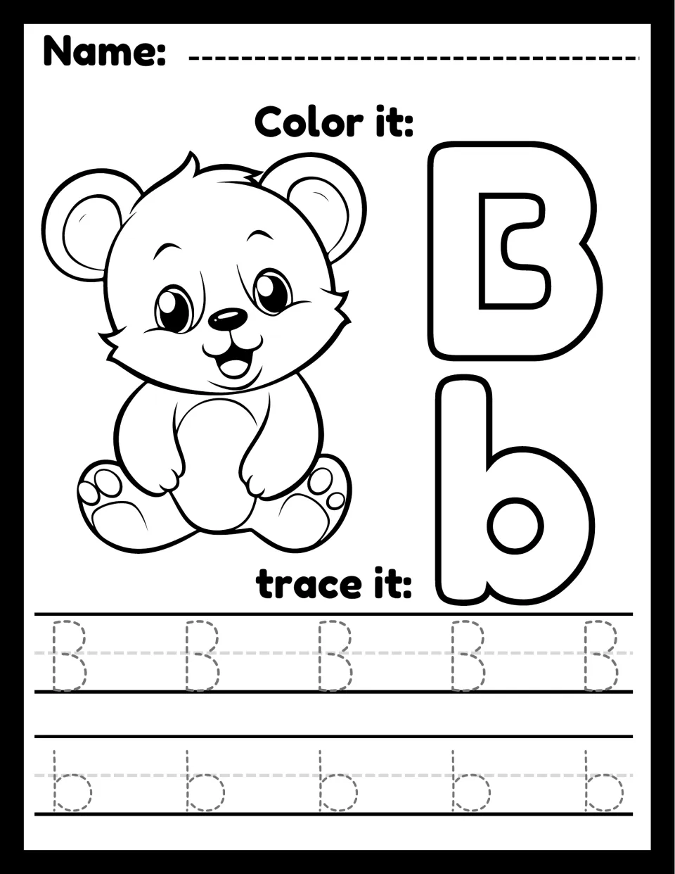 Letter B practice: children color a smiling teddy bear and outline letters B and b, then trace rows of dotted B and b