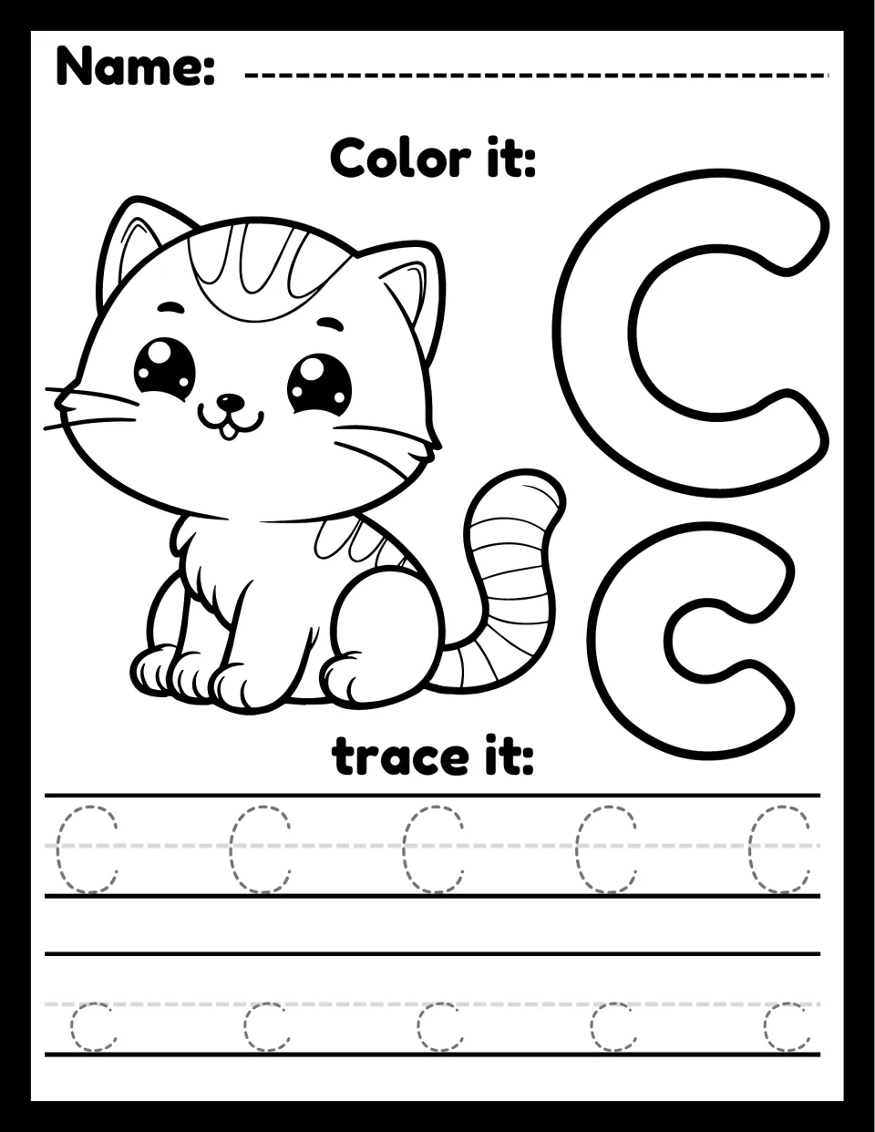 Letter C page: students color a striped kitten and outline C and c, then trace five uppercase and five lowercase c's