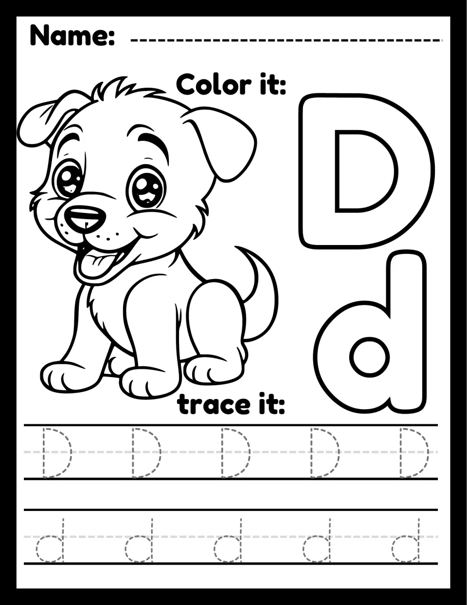 Letter D handwriting: color a happy puppy beside bubble letters D and d, then trace a row of capital D and lowercase d