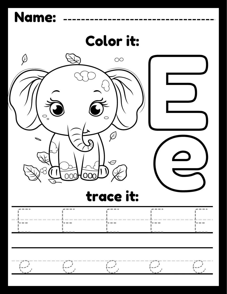 Letter E recognition: students color a baby elephant among leaves and the outline E and e, then trace dotted E's and e's