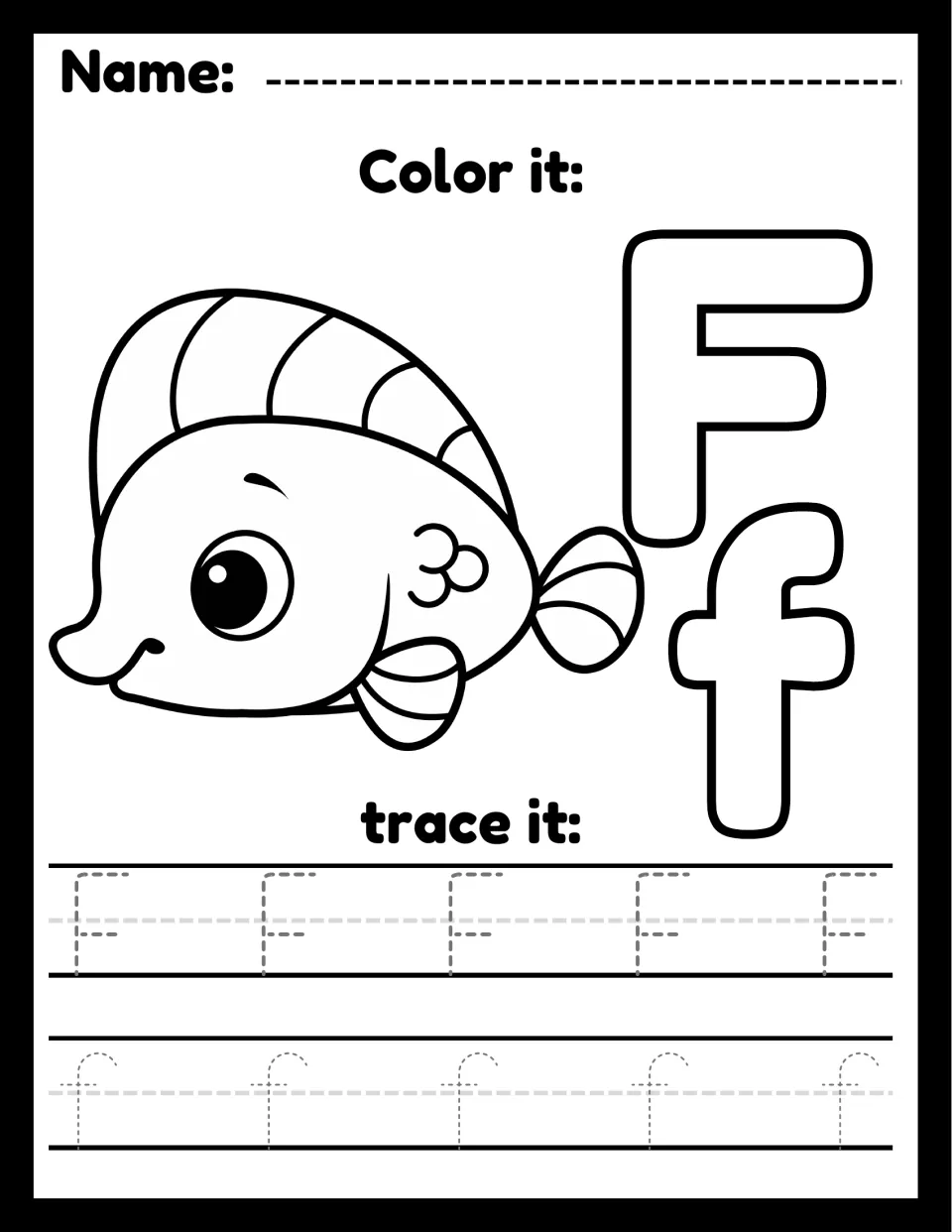Letter F tracing: children color a cartoon fish and bubble letters F and f, then trace five dotted F's and five f's