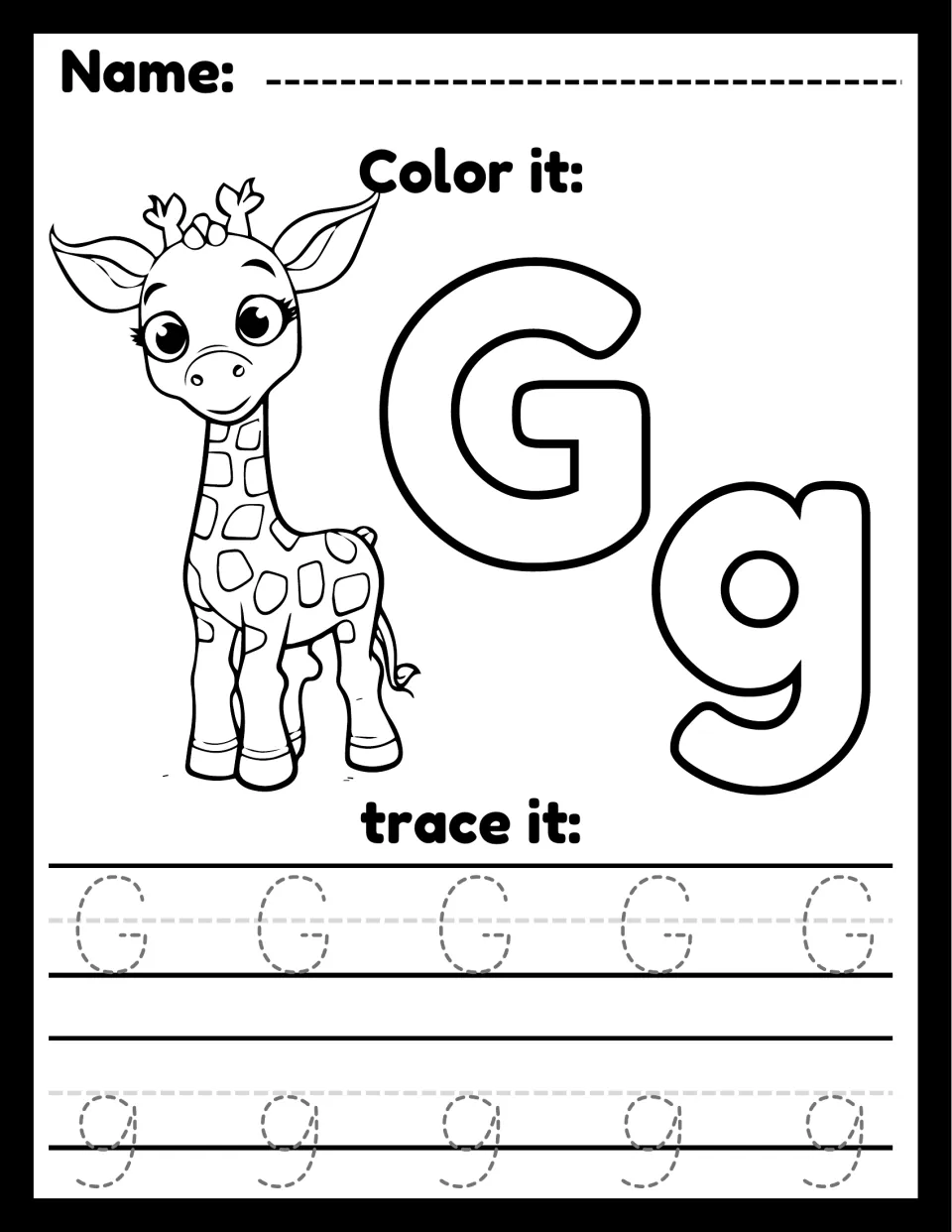 Letter G page: color a baby giraffe and the large outline G and g, then trace rows of dotted uppercase G and lowercase g