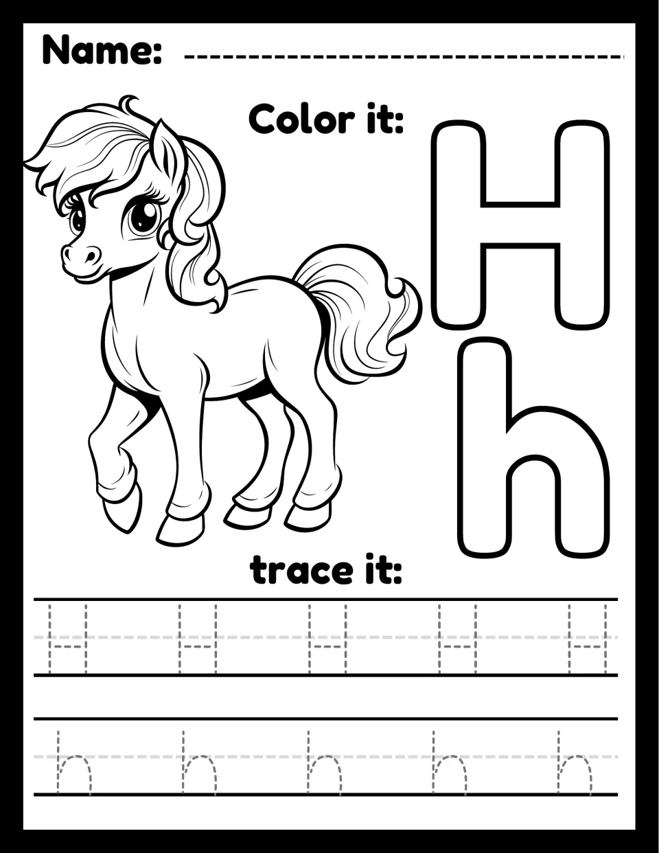 Letter H practice: students color a prancing pony and outline letters H and h, then trace five H's and five h's
