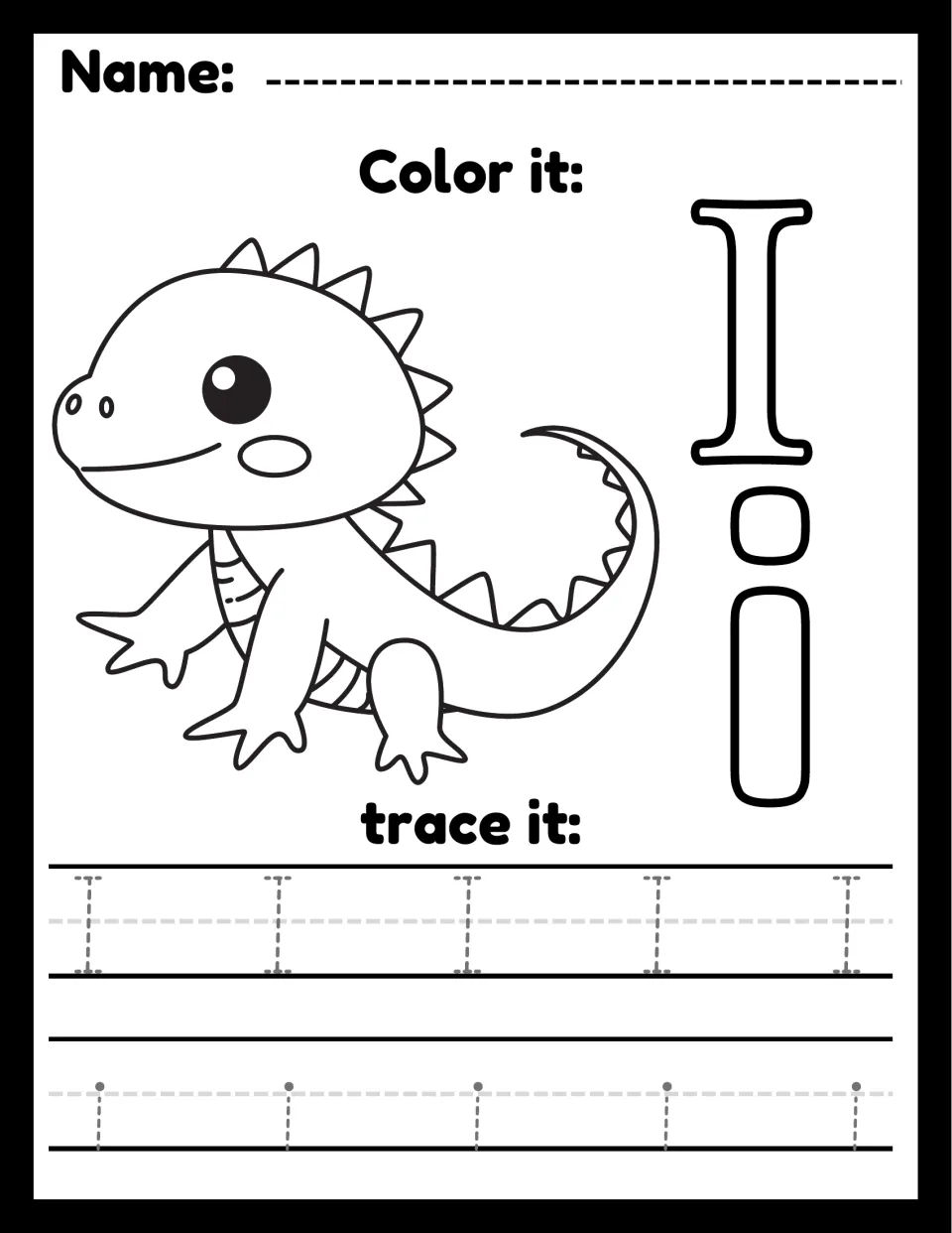 Letter I recognition: color a cartoon iguana and the outline I and i, then trace dotted capital I's and lowercase i's