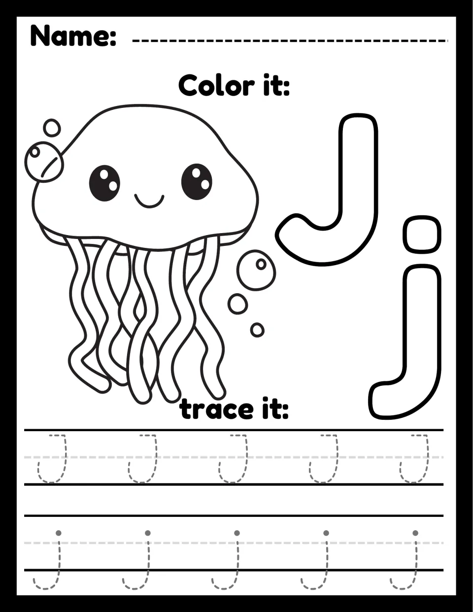 Letter J handwriting: children color a smiling jellyfish with bubbles and outline J and j, then trace dotted J's and j's