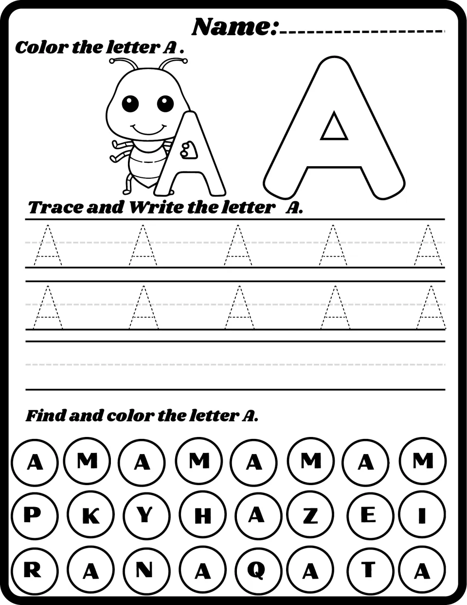 Letter A with an ant: students color a bubble A, trace and write uppercase A, then find and color each A in a letter set