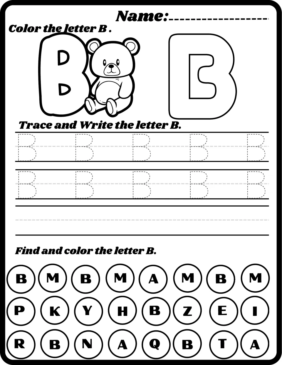 Letter B with a teddy bear: students color a bubble B, trace uppercase B on handwriting lines, then spot and color every B