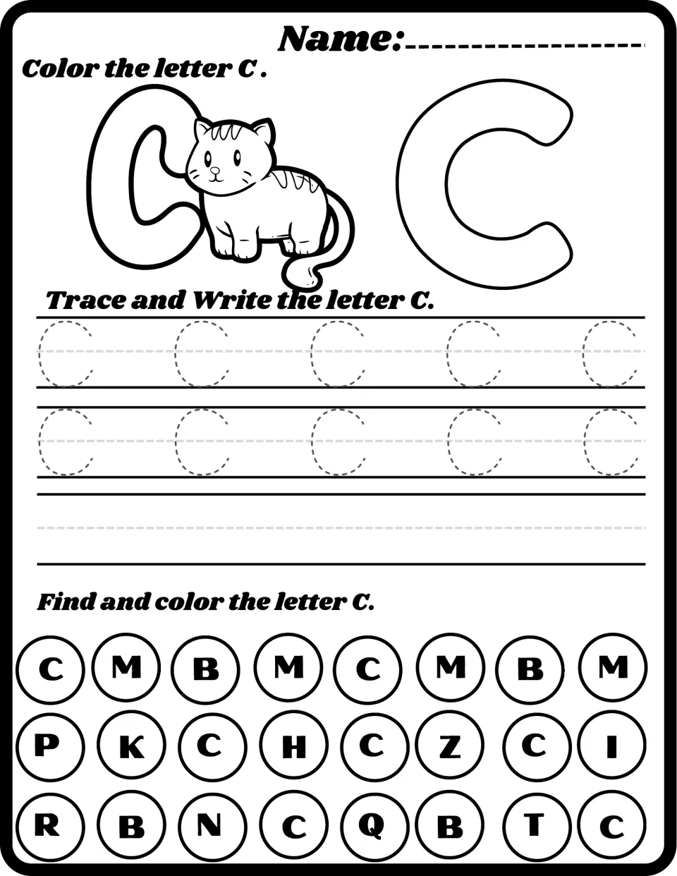 Letter C with a cat: students color a bubble C, trace and write uppercase C, then find and color each C among mixed letters
