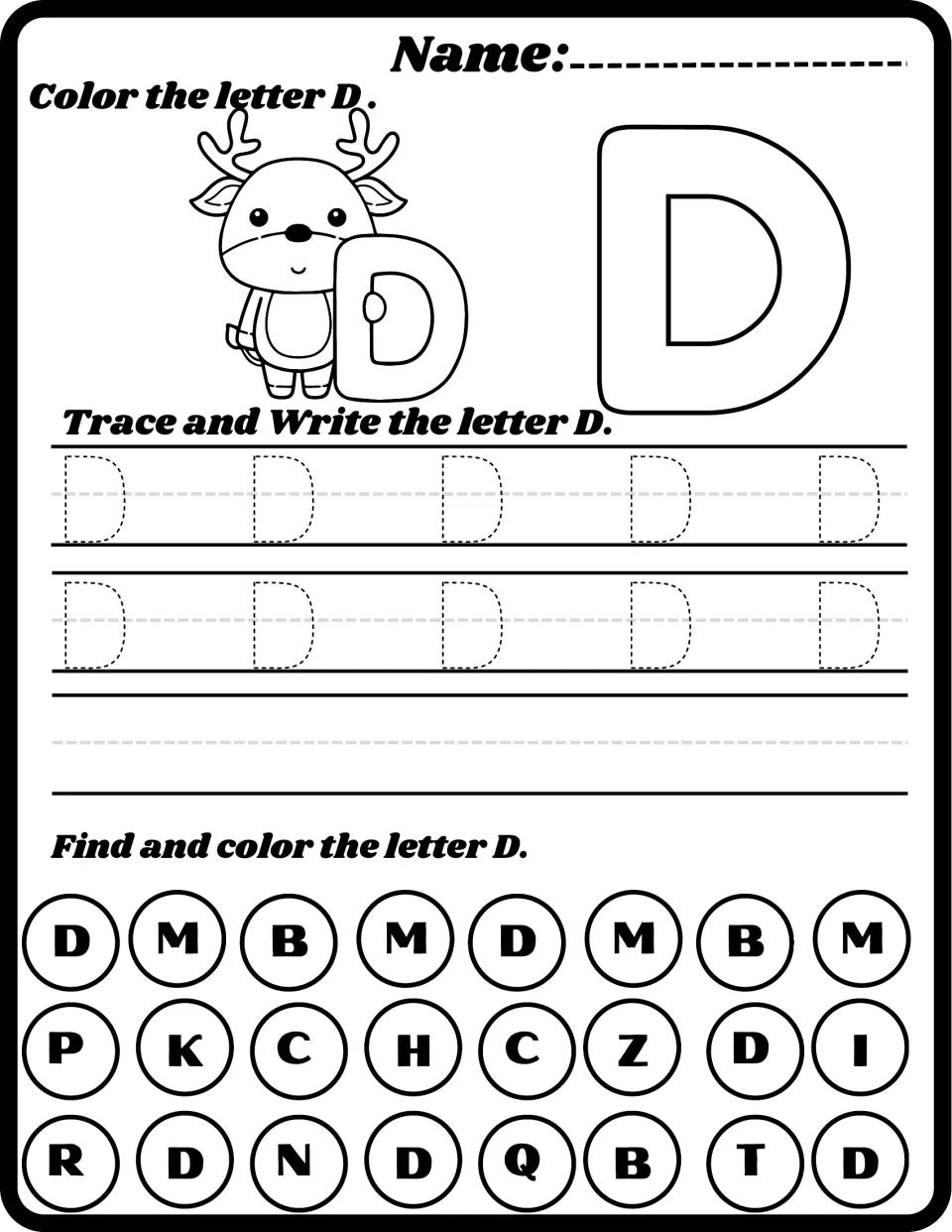 Letter D with a deer: students color a large D, trace dotted uppercase D, write it on their own, then find and color each D