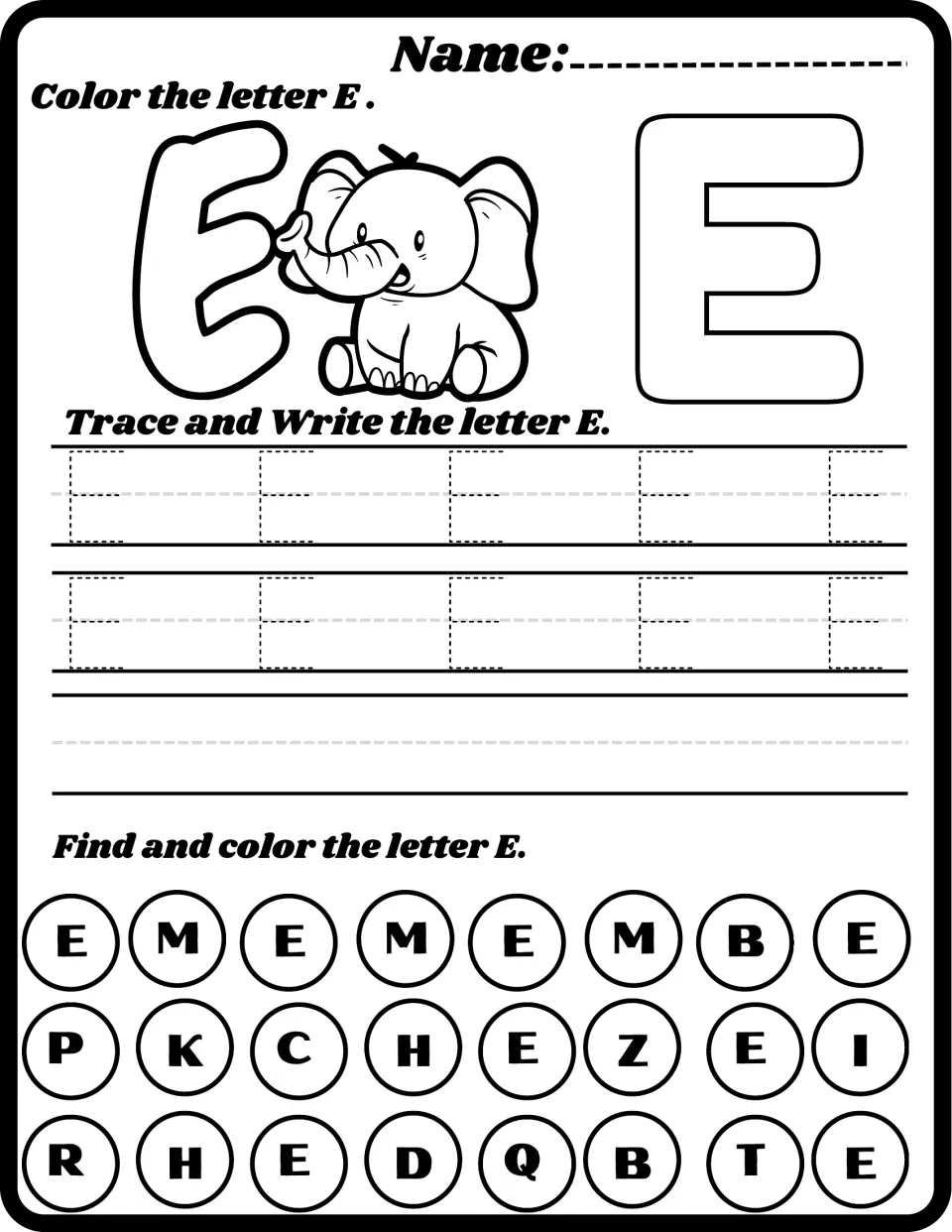 Letter E with an elephant: students color a bubble E, trace and write uppercase E, then hunt for and color each E