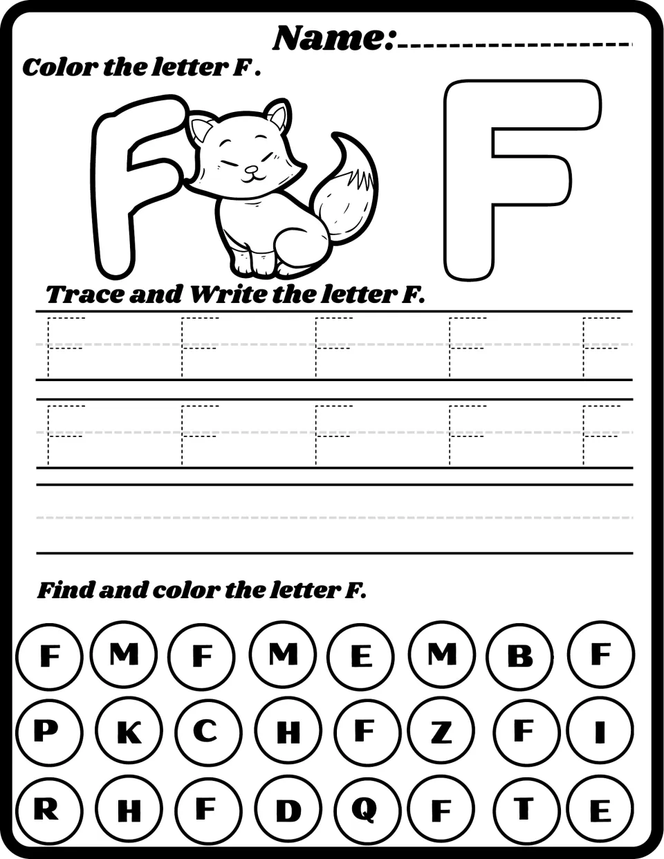 Letter F with a fox: students color a bubble F, trace uppercase F on writing lines, then find and color every F