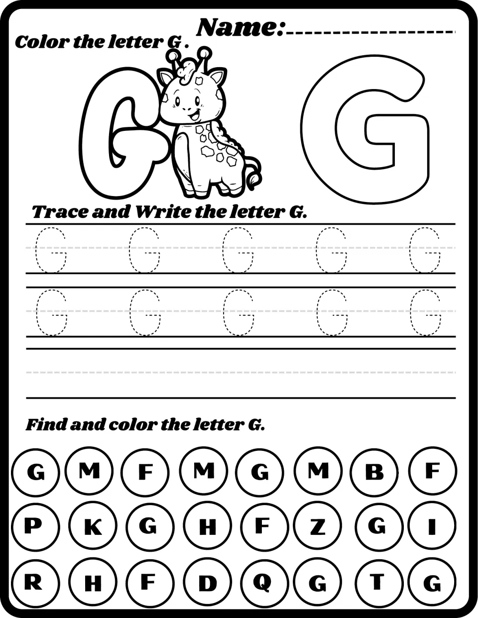 Letter G with a giraffe: students color a bubble G, trace and write uppercase G, then pick out and color each G