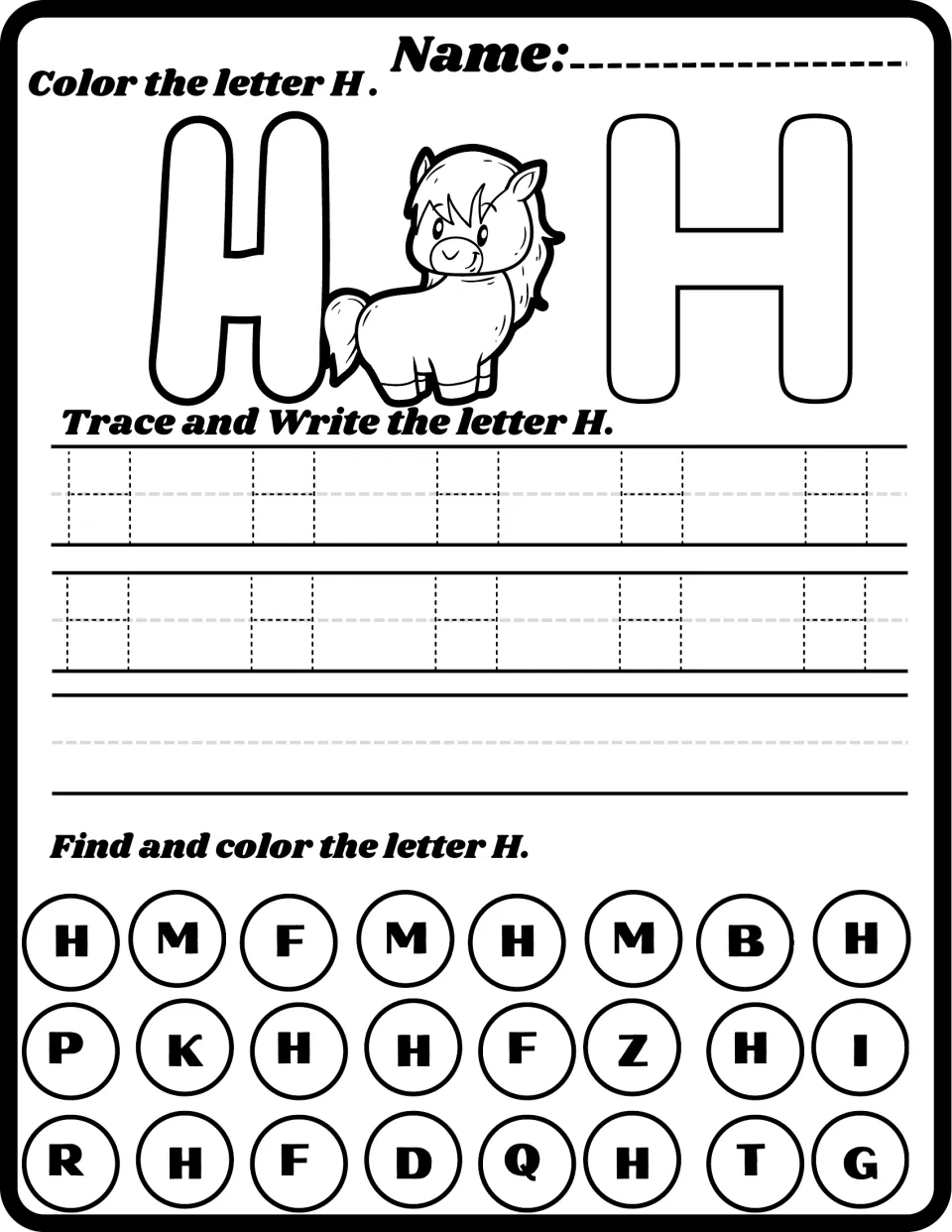 Letter H with a pony: students color a bubble H, trace dotted uppercase H, write their own, then find and color each H