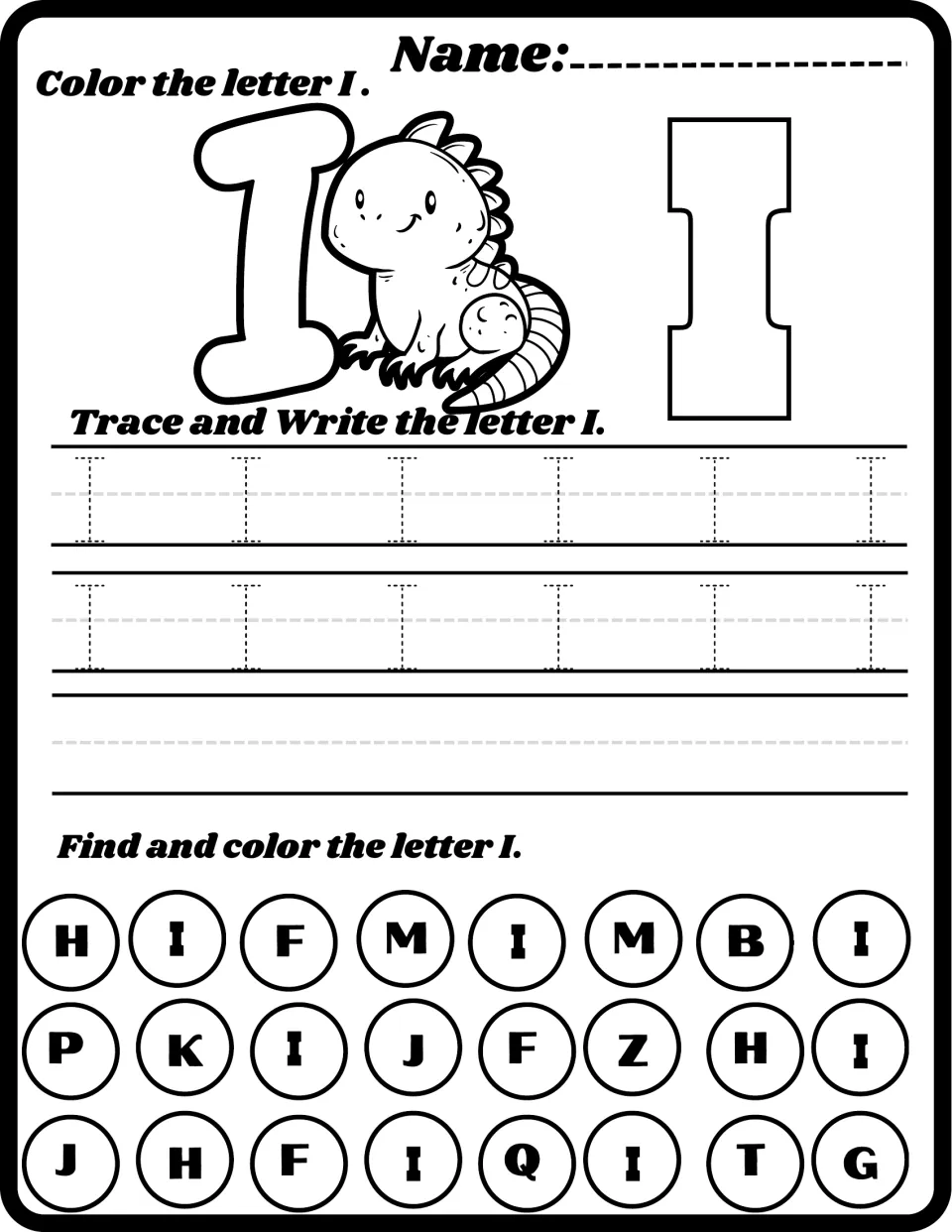 Letter I with an iguana: students color a bubble I, trace and write uppercase I, then find and color each I