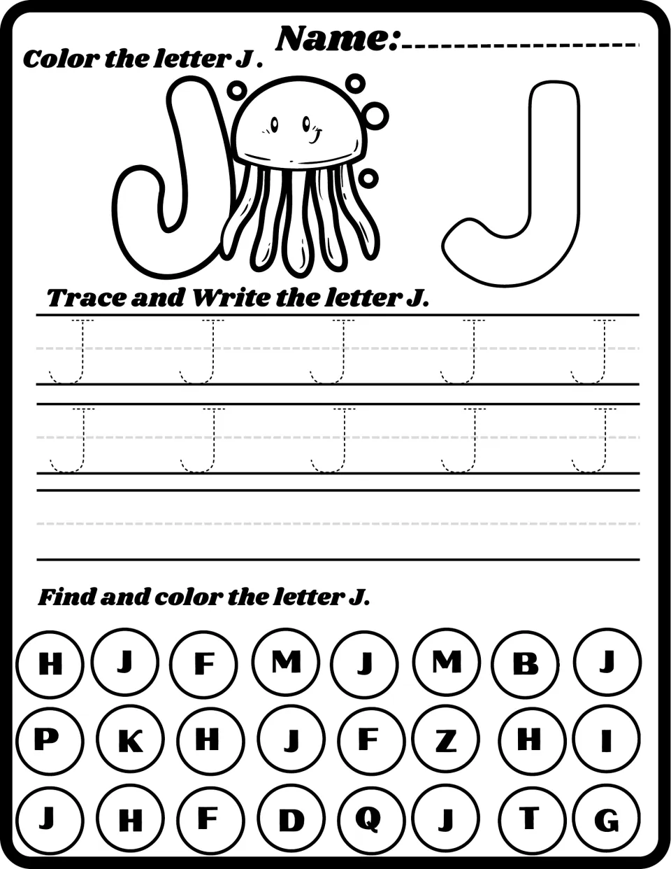 Letter J with a jellyfish: students color a bubble J, trace uppercase J on writing lines, then spot and color every J