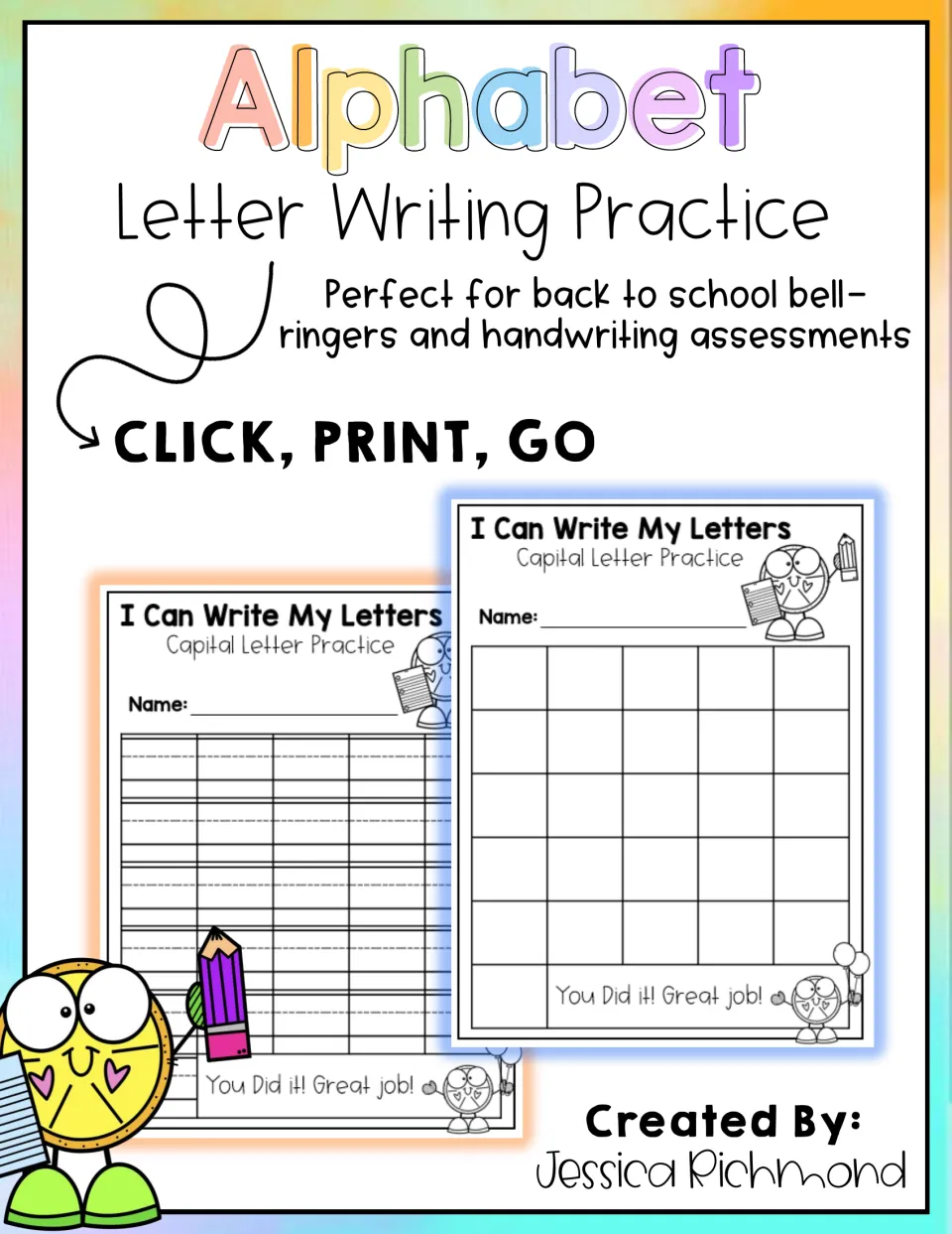 Alphabet Letter Writing Practice cover showing I Can Write My Letters sheets for bell-ringers and handwriting checks