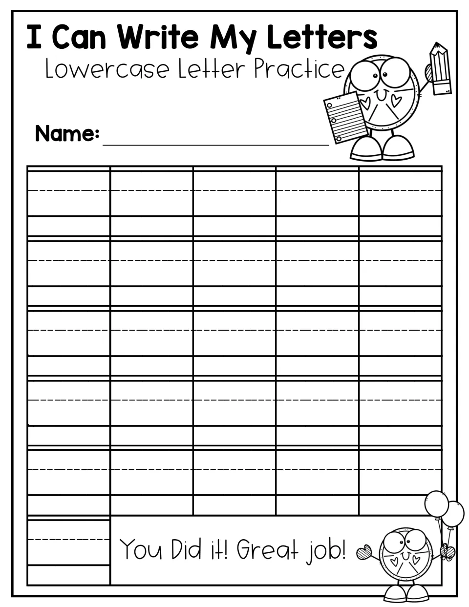 I Can Write My Letters, Lowercase Letter Practice: students print lowercase a to z in 26 spaces with dashed midline guides