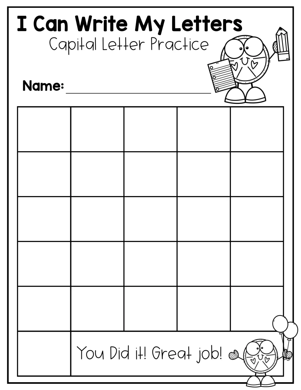 Capital Letter Practice without midline guides: students write uppercase A to Z in 26 open spaces above a Great job! note