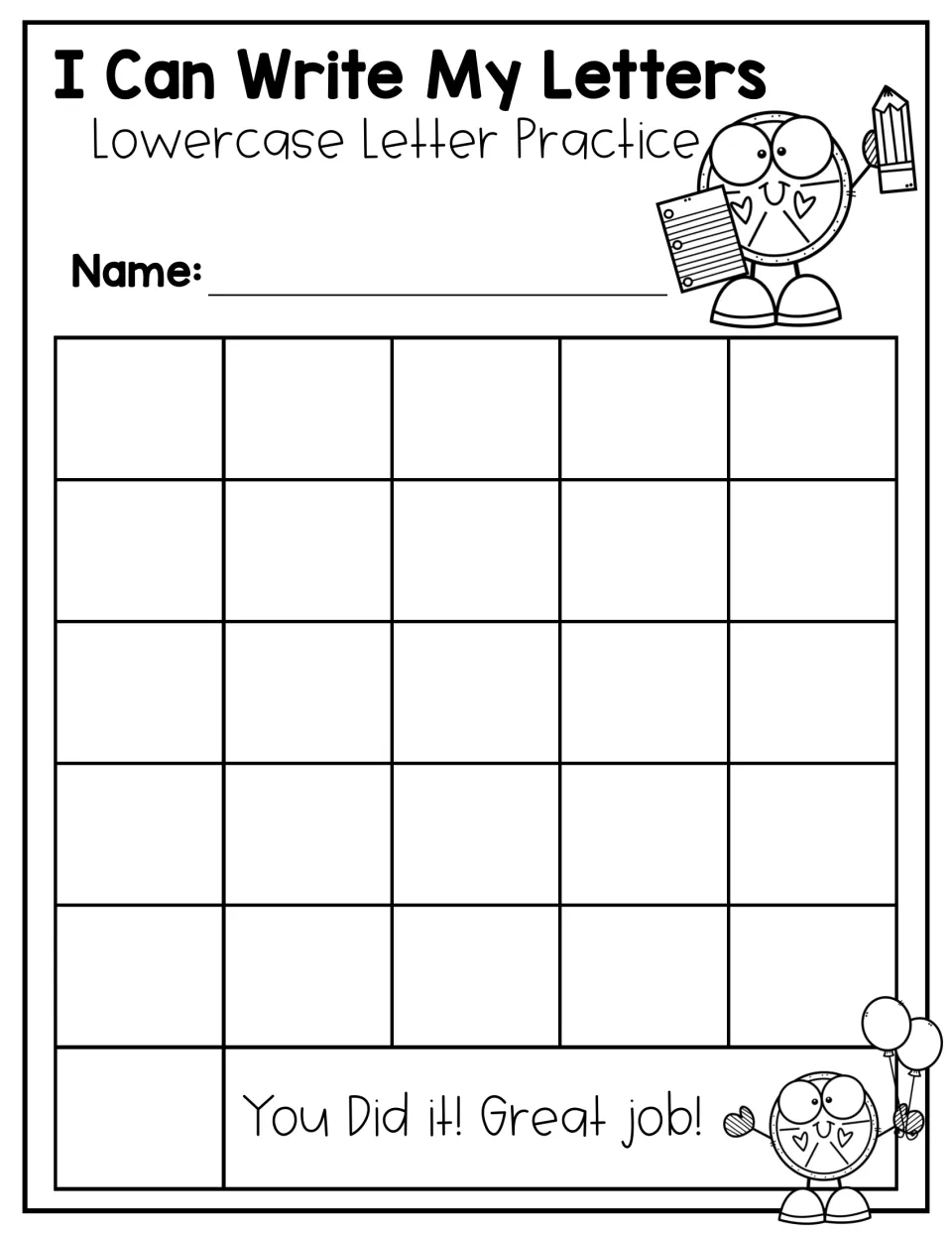 Lowercase Letter Practice without midline guides: students write lowercase a to z in 26 open spaces above a Great job! note
