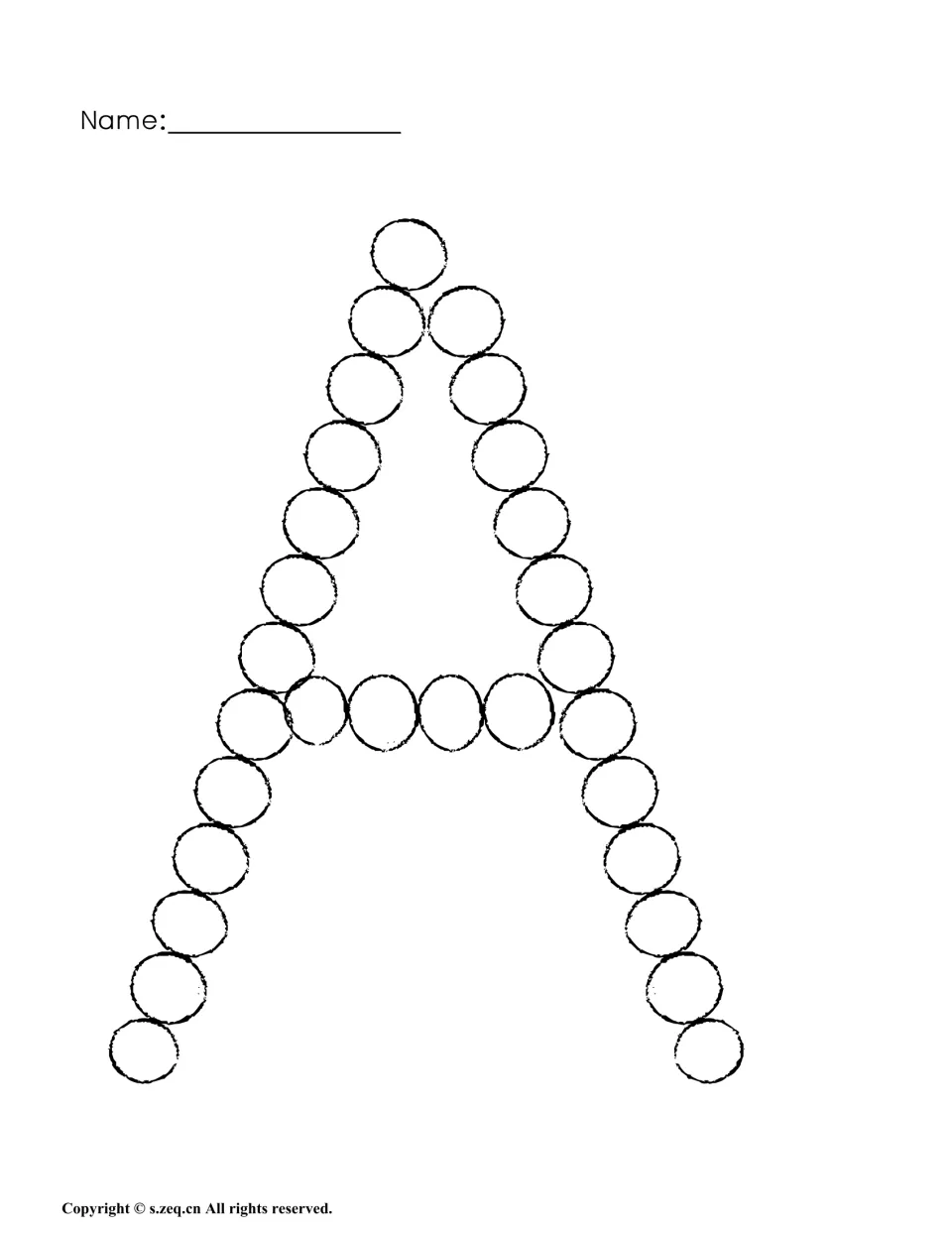 Uppercase A dot page: students dab a marker or sticker in each circle along the strokes of the capital letter A