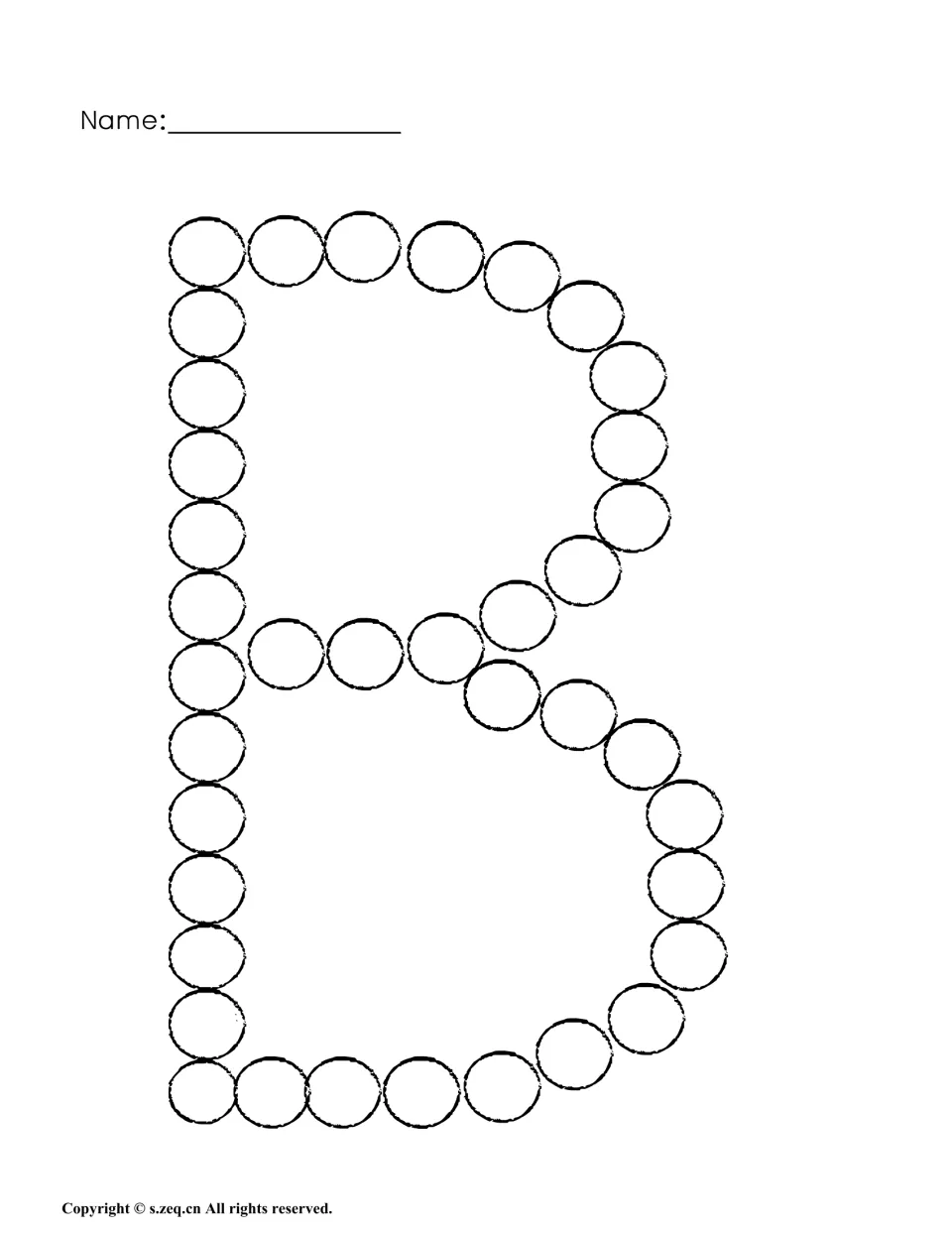 Uppercase B dot page: students dab every circle along the tall line and two bumps of the letter B to practise its shape