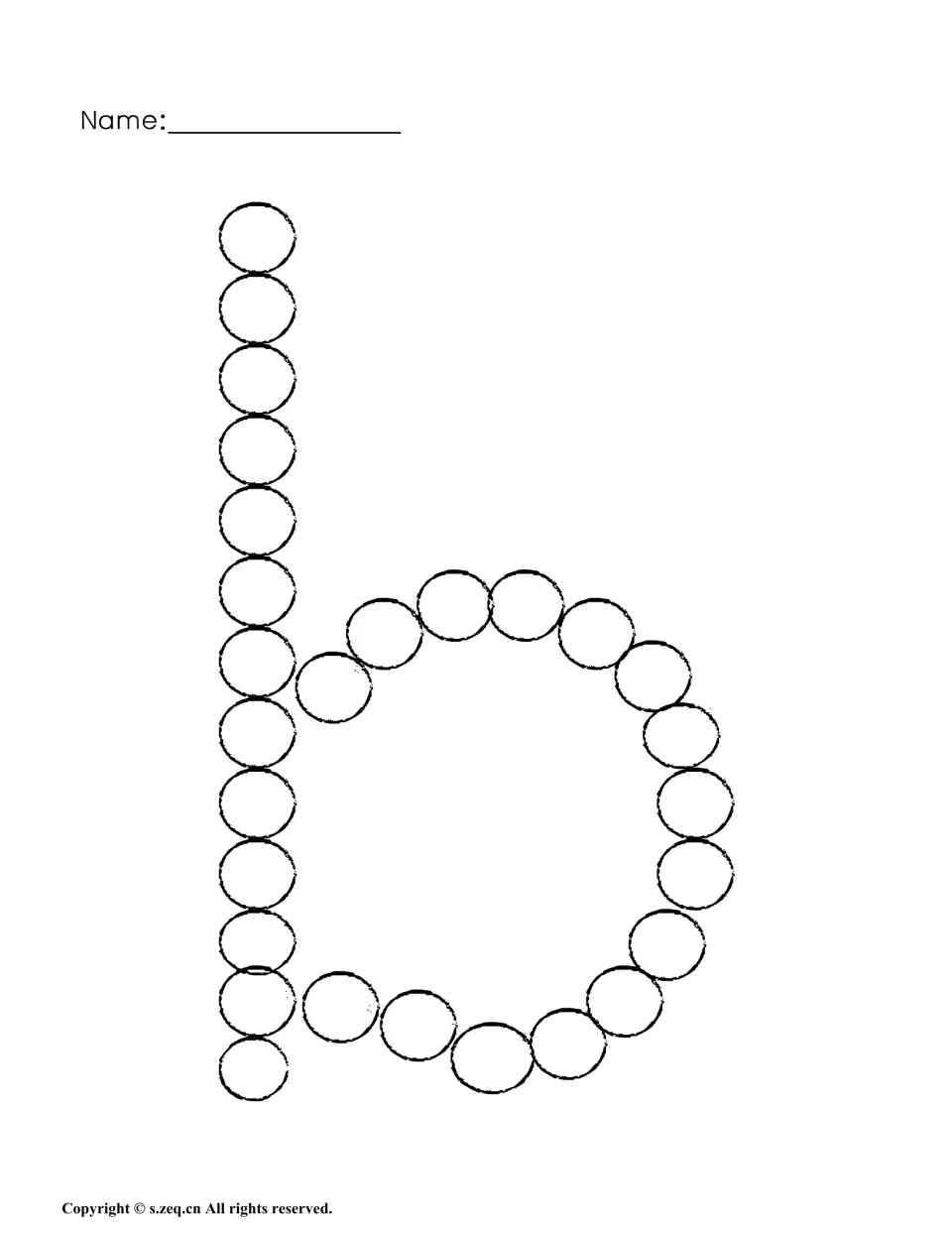 Lowercase b dot page: students dot down the tall stem, then around the round belly, to practise forming a small b