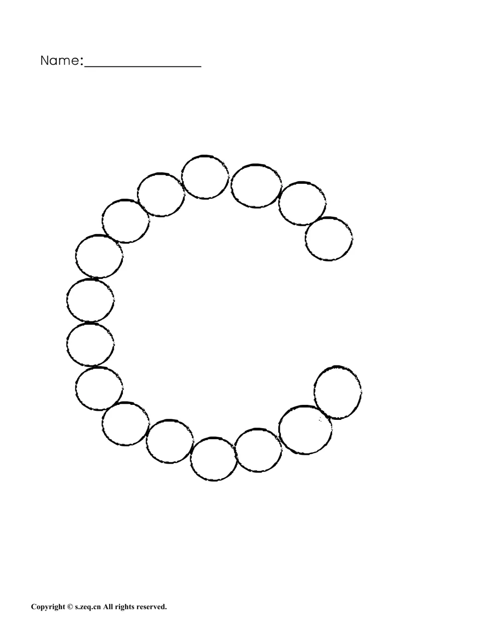 Lowercase c dot page: students dab each circle around the open curve of a small c, practising its counterclockwise stroke