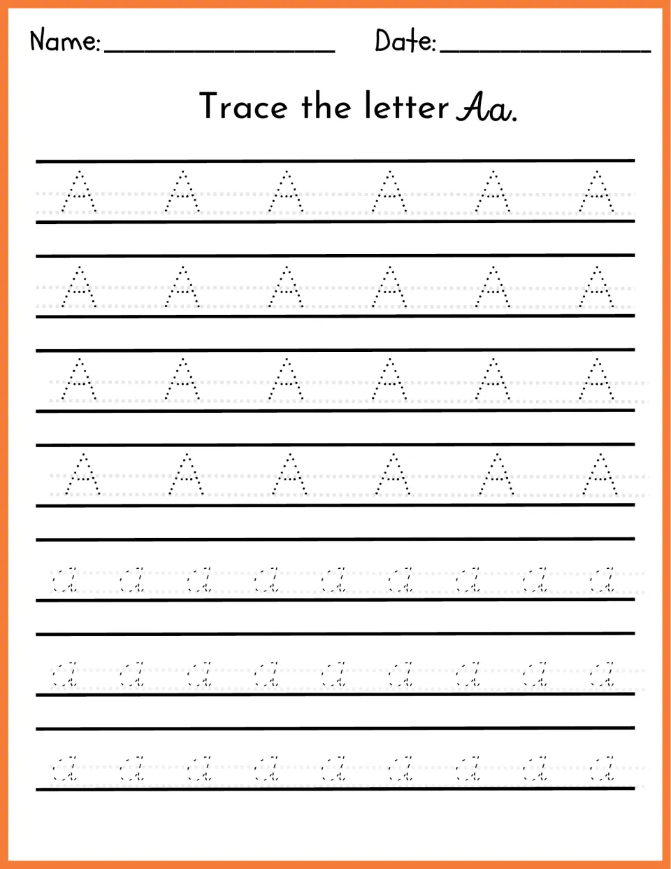 Trace the letter Aa: students trace rows of dotted uppercase A and lowercase a to practise letter formation