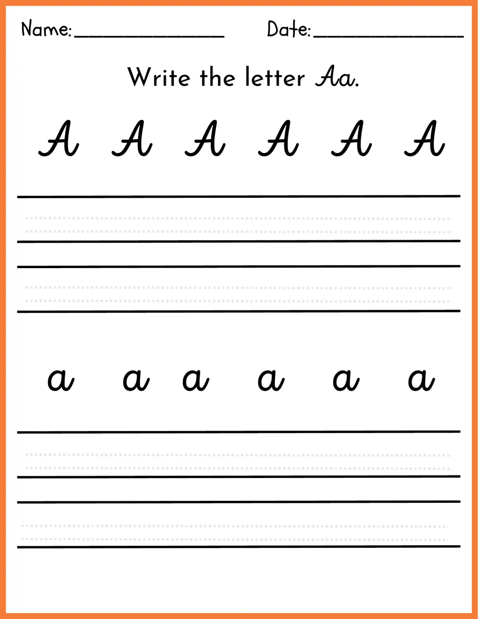 Write the letter Aa: students copy model cursive-style uppercase A and lowercase a, writing each on their own