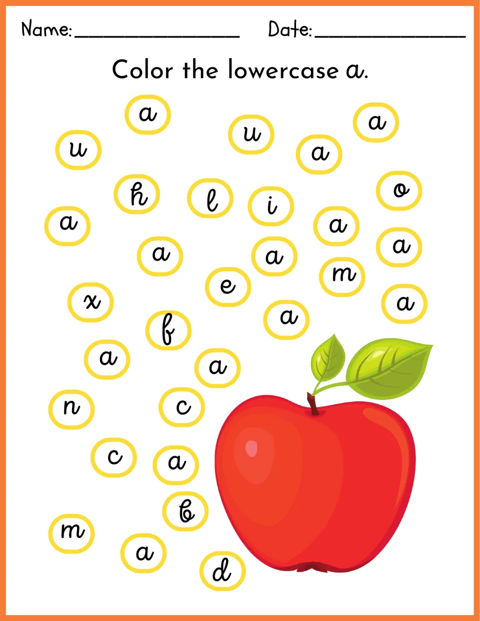 Color the lowercase a: students find and color every lowercase a among mixed letters, beside an apple picture