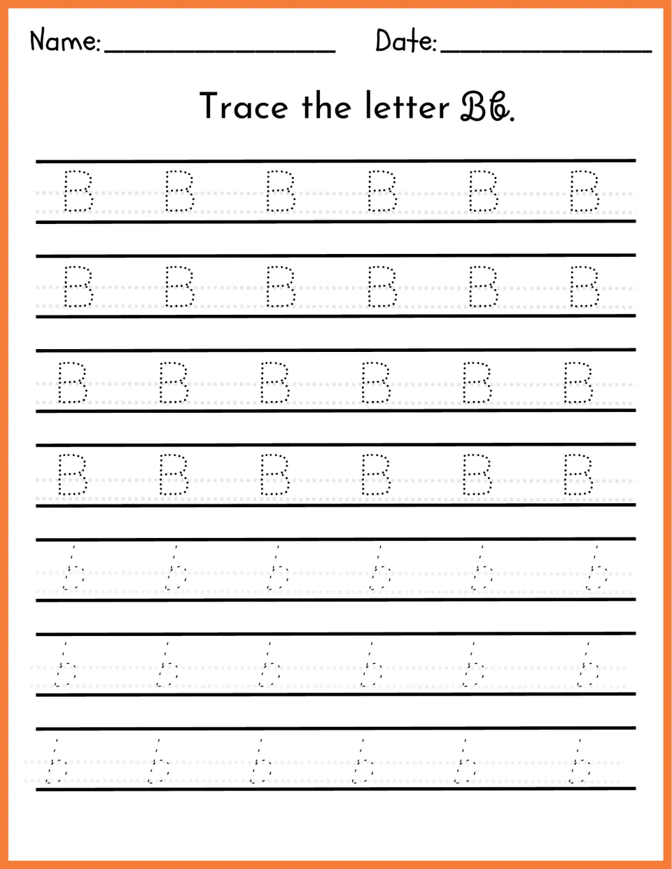 Trace the letter Bb: students trace rows of dotted uppercase B and lowercase b to build letter formation