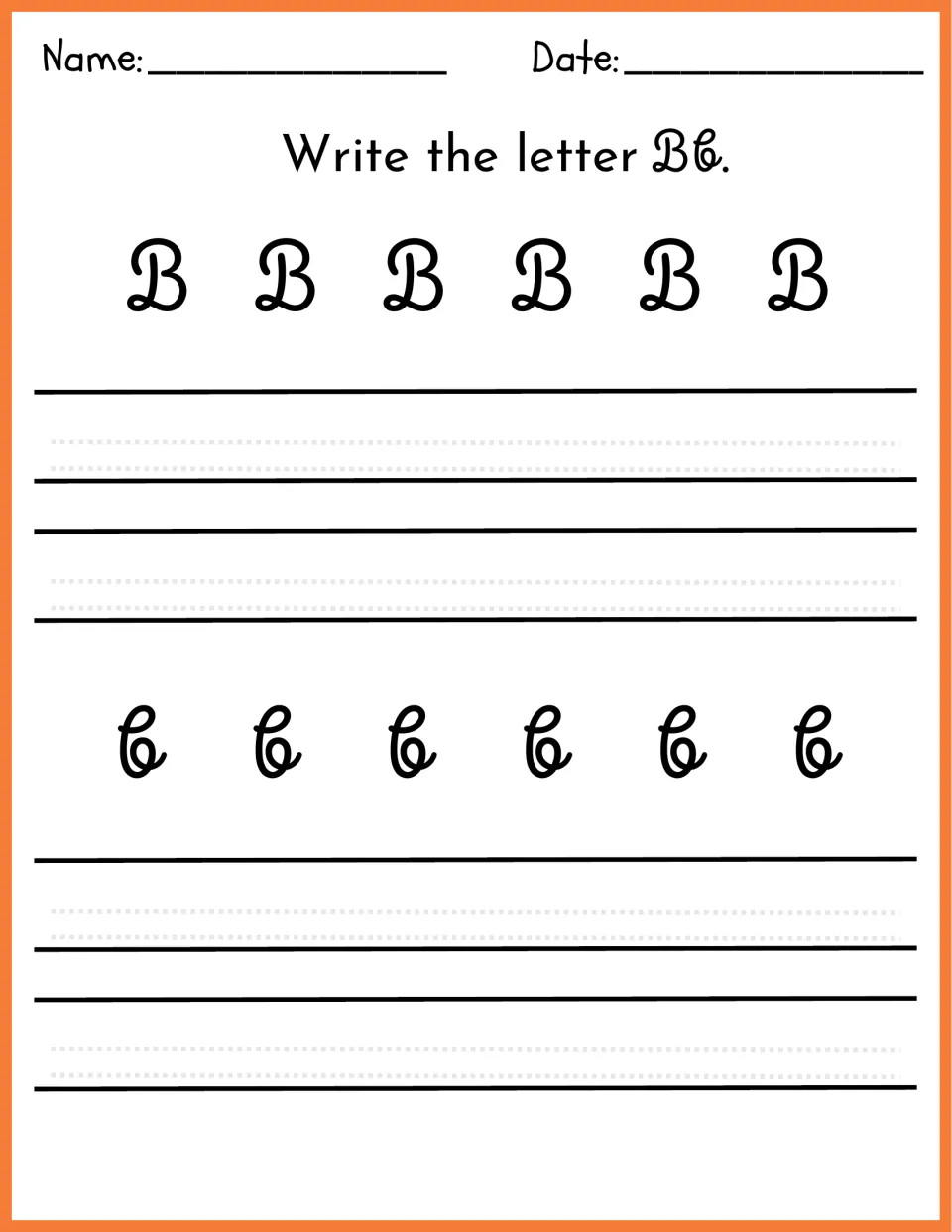 Write the letter Bb: students copy model uppercase B and lowercase b, then write each letter independently