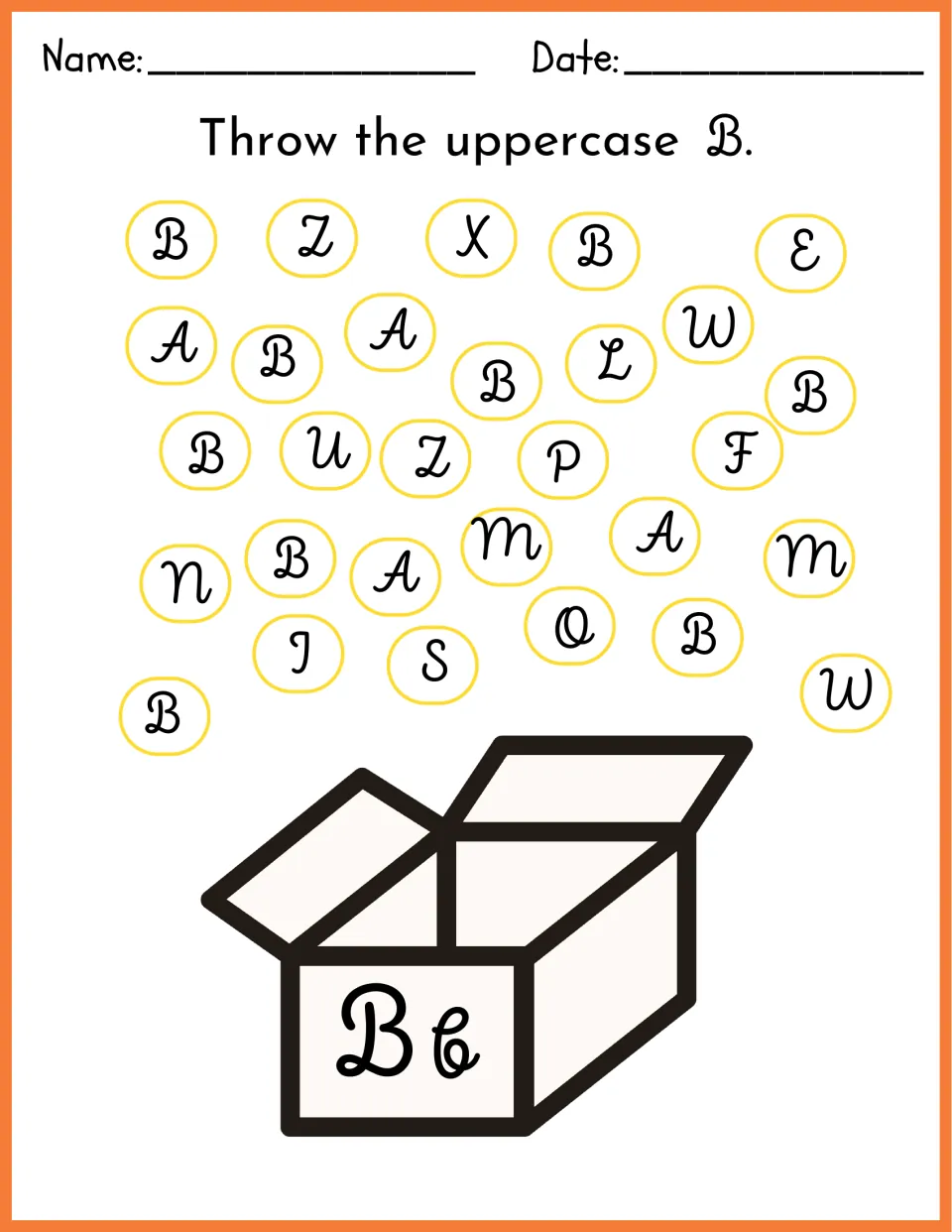 Throw the uppercase B: students spot each uppercase B among mixed letters and send it into a box labeled Bb