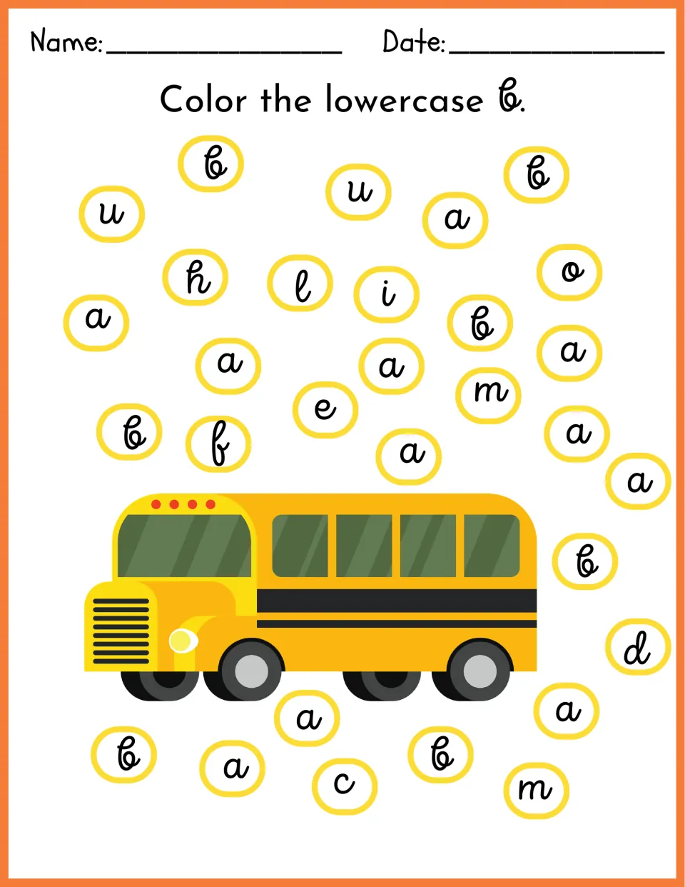 Color the lowercase b: students find and color each lowercase b among mixed letters around a school bus picture