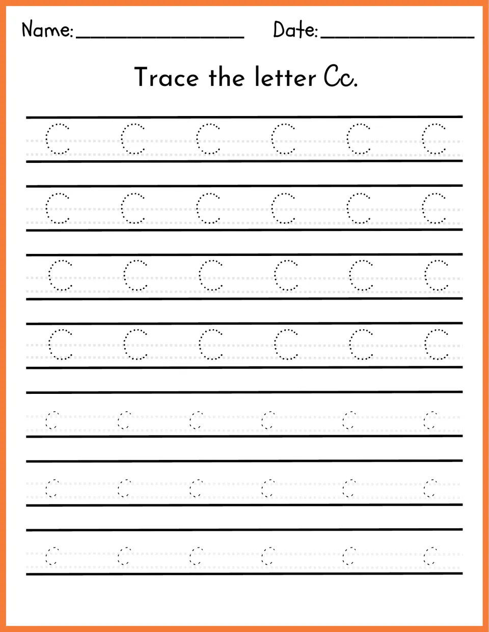 Trace the letter Cc: students trace rows of dotted uppercase C and lowercase c for letter formation practice