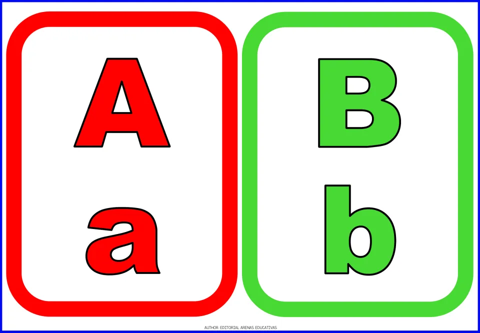 Alphabet flashcards 1–2 of 26: red A/a and green B/b, each pairing the uppercase and lowercase letter forms