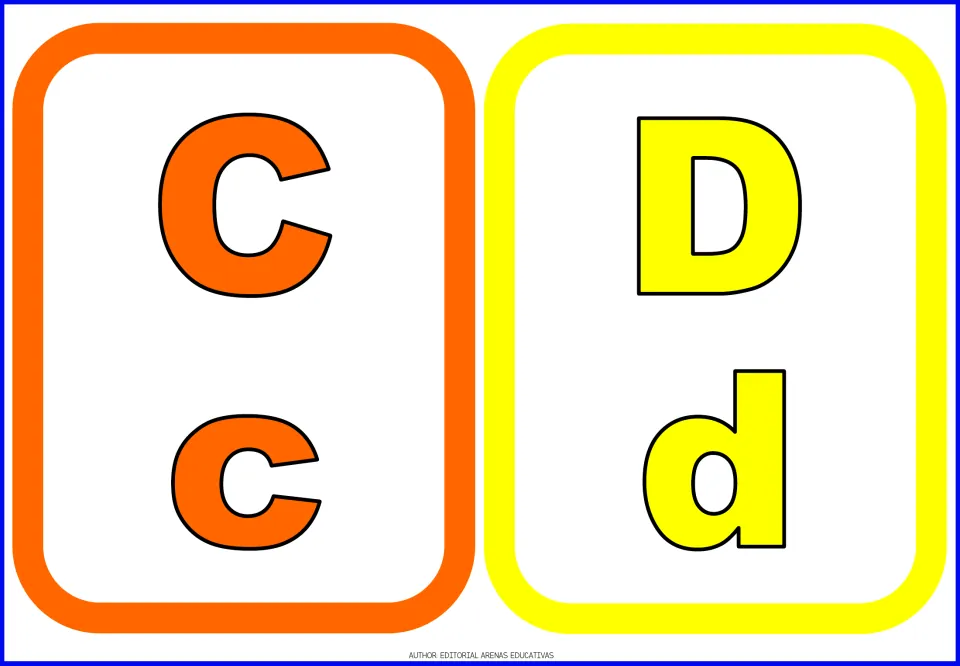 Alphabet flashcards 3–4 of 26: orange C/c and yellow D/d, each pairing uppercase and lowercase letter forms