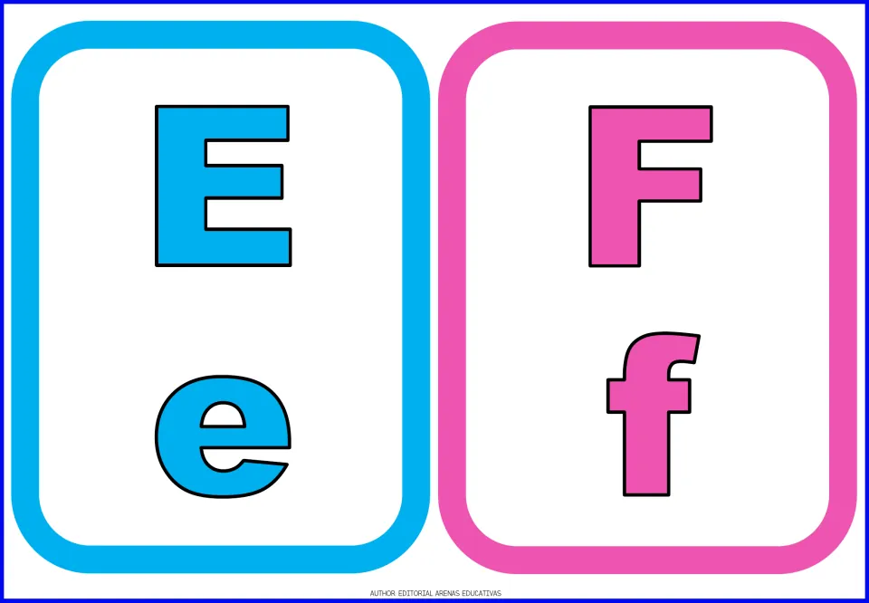 Alphabet flashcards 5–6 of 26: blue E/e and pink F/f, each pairing the uppercase and lowercase letter forms